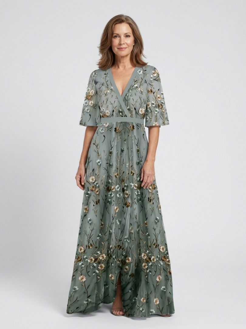 Floral Embroidered Wrap Maxi Dress in Sage Green – Green
