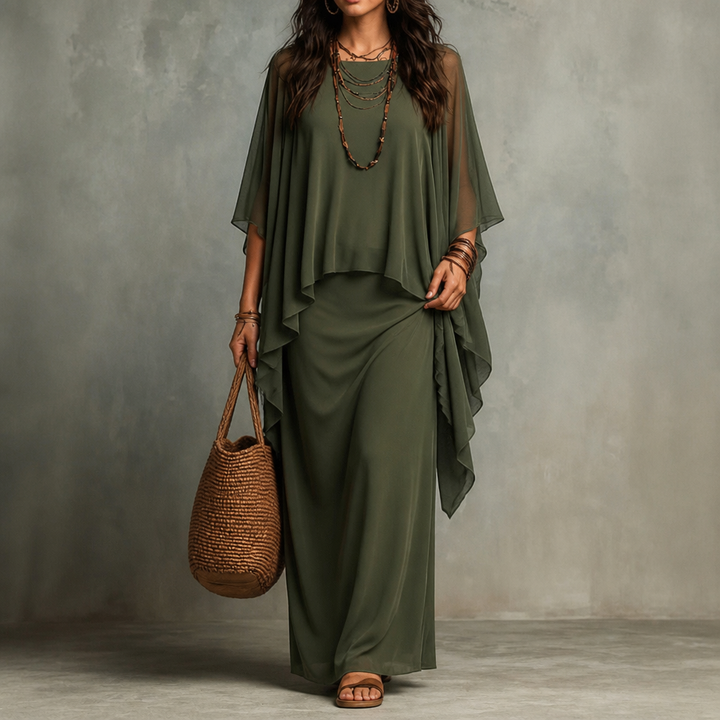 Cape Sleeve Maxi Dress with Asymmetric Chiffon Overlay – Army Green
