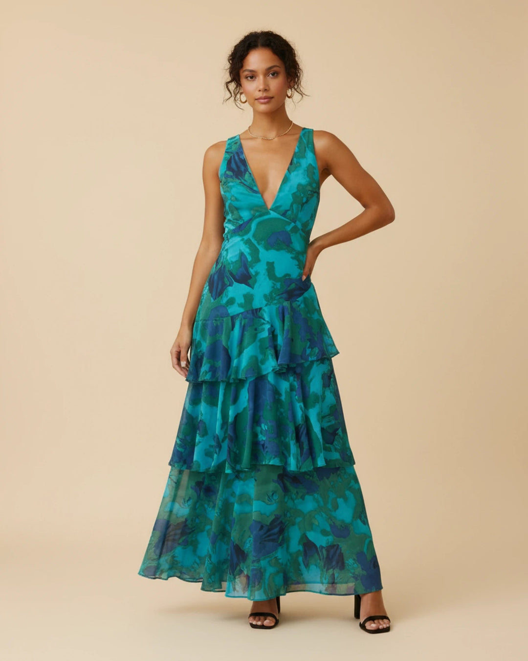 Floral Tiered Maxi Dress with V-Neck | Sleeveless – Green