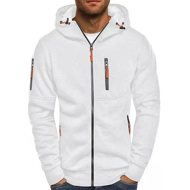 Men's Cotton Blend Zip-Up Hoodie with Contrast Zip Pockets – White
