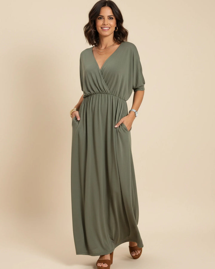 Jersey Wrap-Front Maxi Dress with Pockets – Green