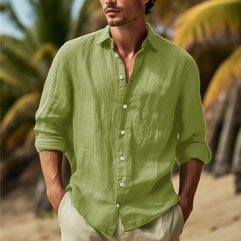 Men's Relaxed Long-Sleeve Casual Shirt with Point Collar – Green