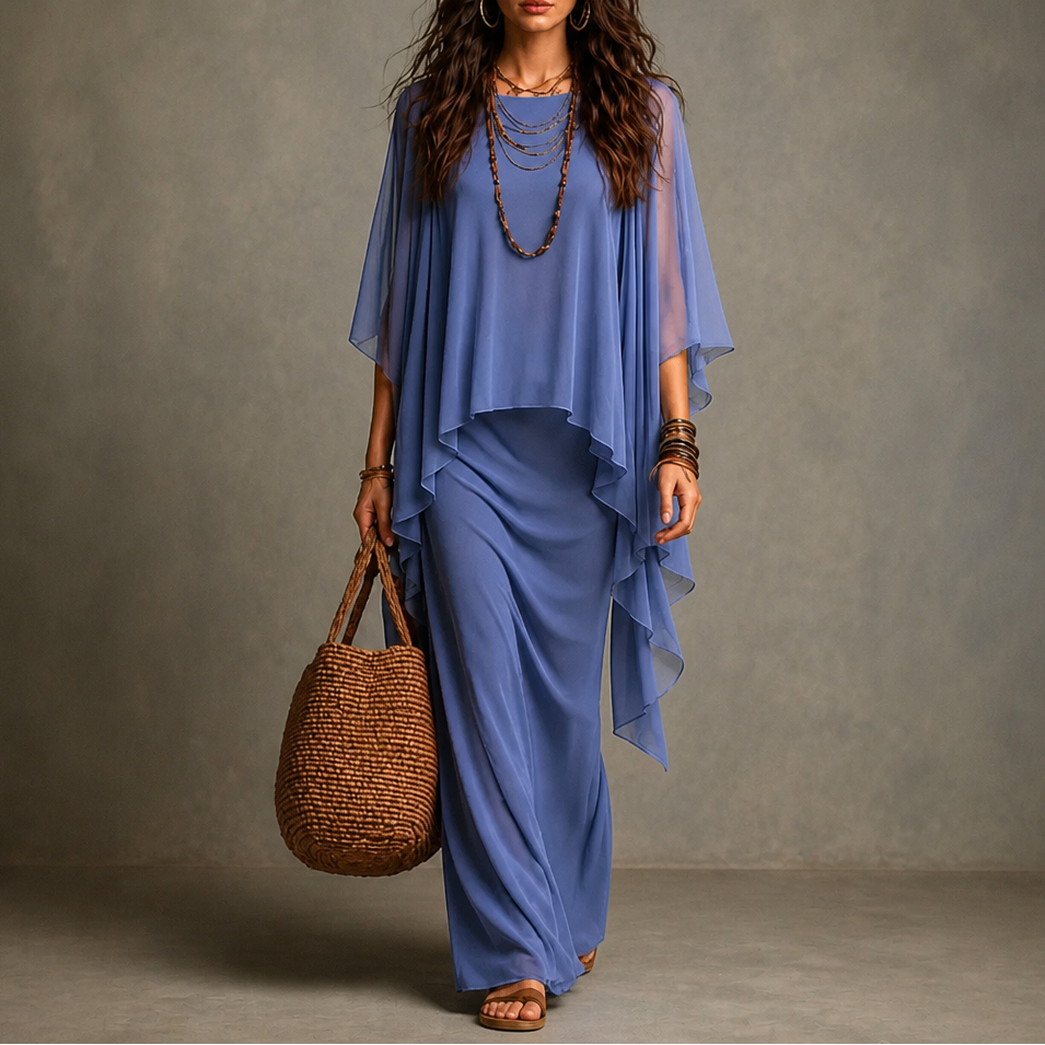 Cape Sleeve Maxi Dress with Asymmetric Chiffon Overlay – Blue