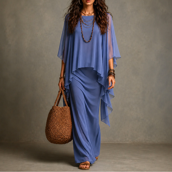 Cape Sleeve Maxi Dress with Asymmetric Chiffon Overlay – Blue