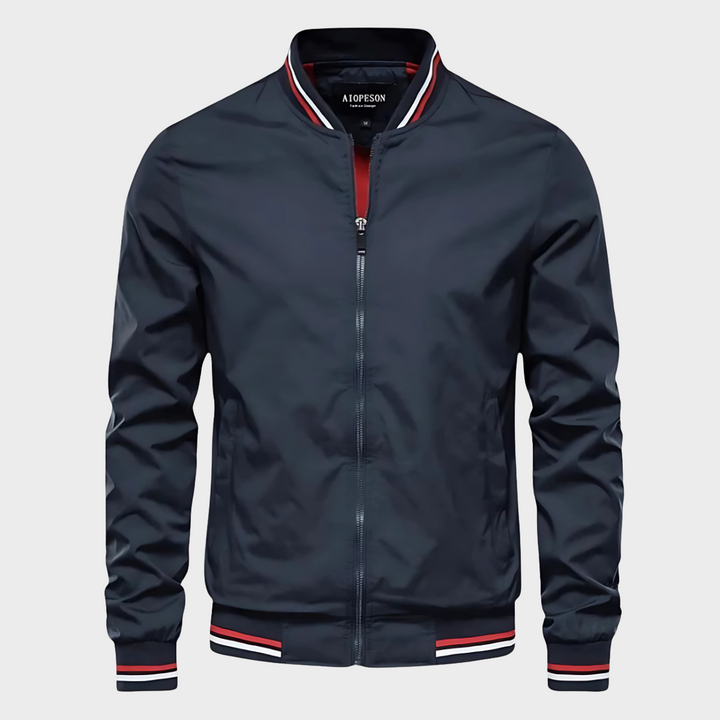 Sylvester Men's Bomber Jacket with Striped Rib Trims – Navy Blue