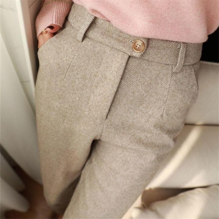 Clayton Herringbone Tailored Trousers — Straight Leg – Beige