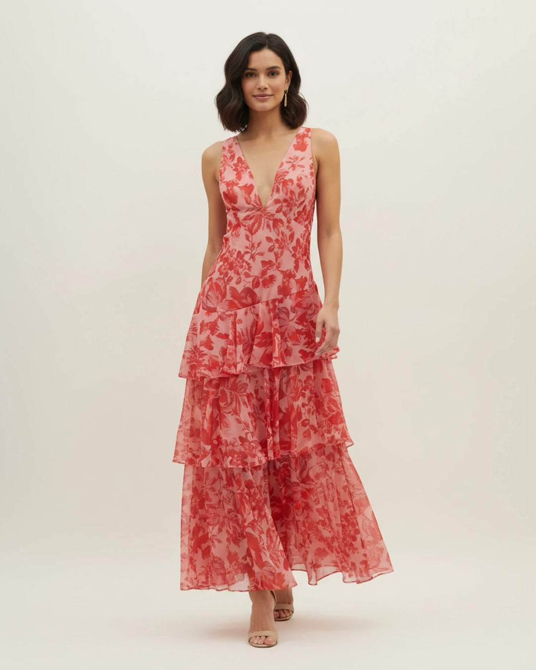 Floral Tiered Maxi Dress with V-Neck | Sleeveless – Red