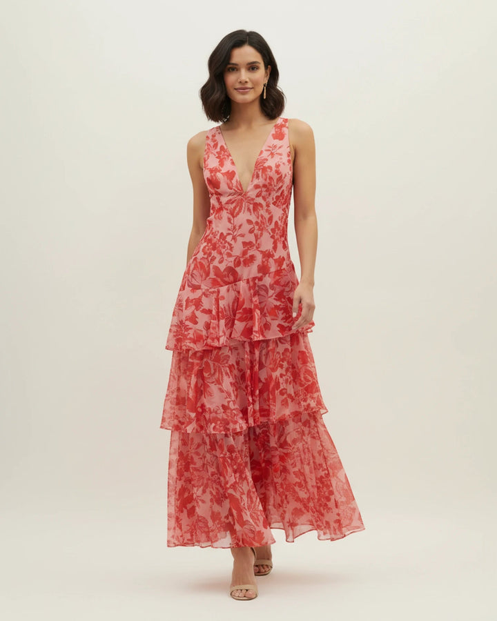 Floral Tiered Maxi Dress with V-Neck | Sleeveless – Red