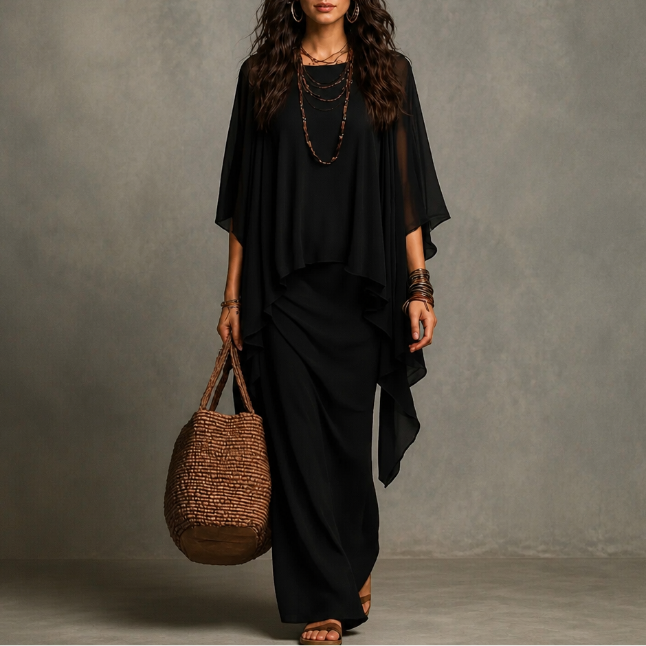 Cape Sleeve Maxi Dress with Asymmetric Chiffon Overlay – Black
