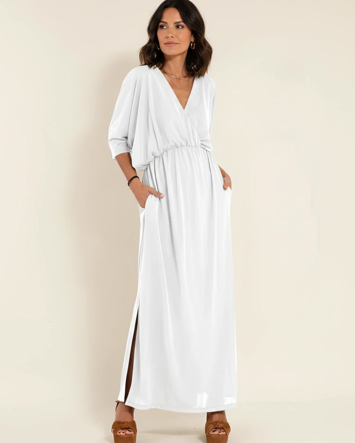 Jersey Wrap-Front Maxi Dress with Pockets – White