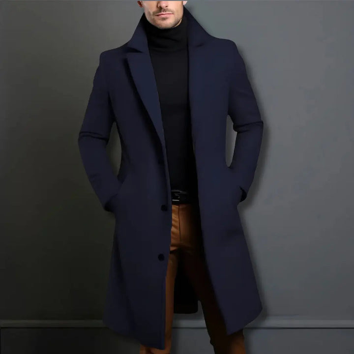 Men's Longline Overcoat – Slim Tailored Winter Coat – Navy Blue