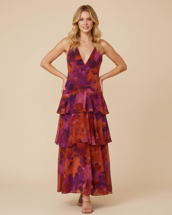 Floral Tiered Maxi Dress with V-Neck | Sleeveless – Purple