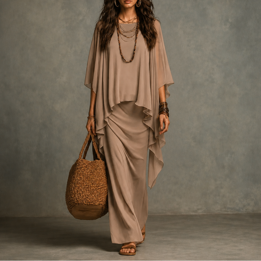 Cape Sleeve Maxi Dress with Asymmetric Chiffon Overlay – Apricot