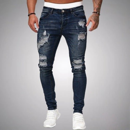 Men's Distressed Skinny Jeans with Ripped Detail – Dark Blue
