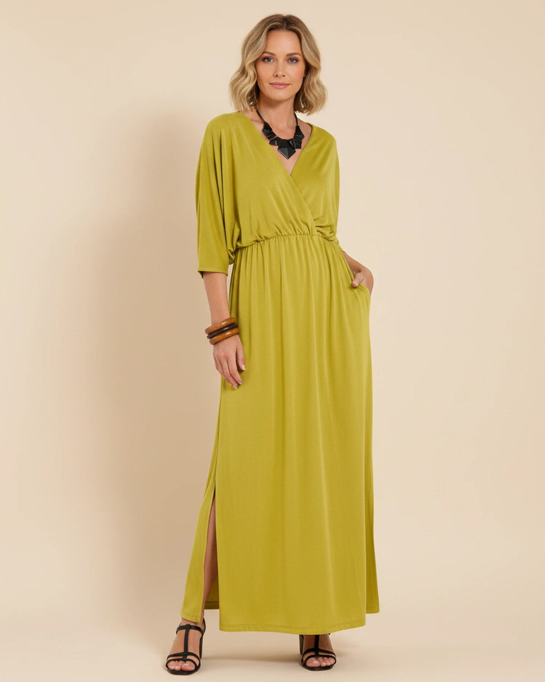Jersey Wrap-Front Maxi Dress with Pockets – Yellow