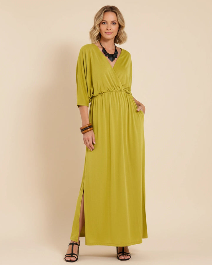 Jersey Wrap-Front Maxi Dress with Pockets – Yellow