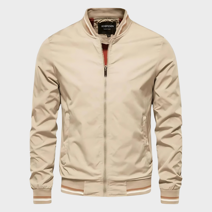 Sylvester Men's Bomber Jacket with Striped Rib Trims – Beige