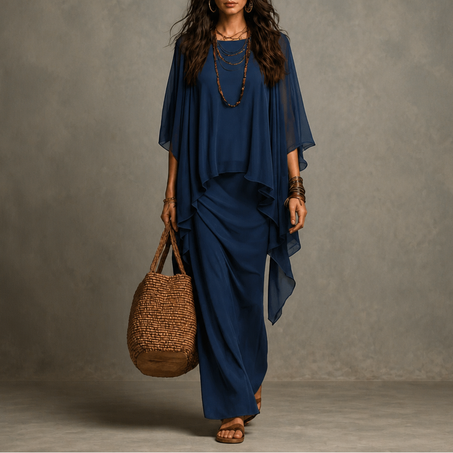 Cape Sleeve Maxi Dress with Asymmetric Chiffon Overlay – Navy Blue