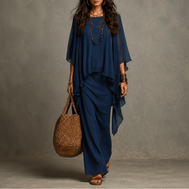 Cape Sleeve Maxi Dress with Asymmetric Chiffon Overlay – Navy Blue