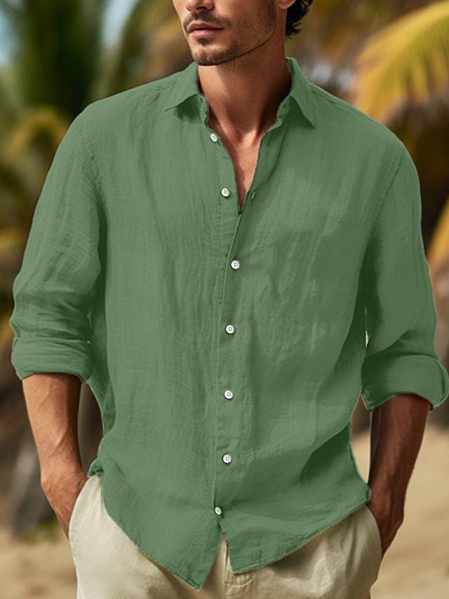 Men's Relaxed Long-Sleeve Casual Shirt with Point Collar – Dark Green