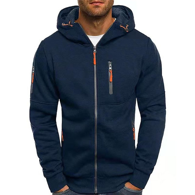 Men's Cotton Blend Zip-Up Hoodie with Contrast Zip Pockets – Navy