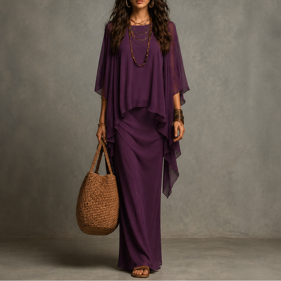 Cape Sleeve Maxi Dress with Asymmetric Chiffon Overlay – Purple