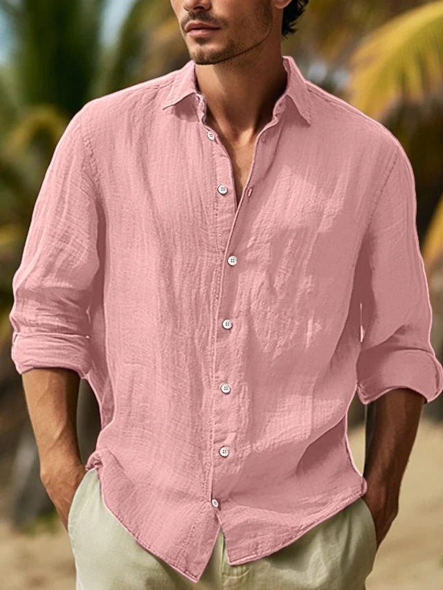 Men's Relaxed Long-Sleeve Casual Shirt with Point Collar – Pink