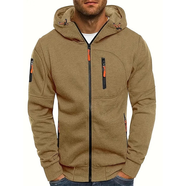 Men's Cotton Blend Zip-Up Hoodie with Contrast Zip Pockets – Khaki