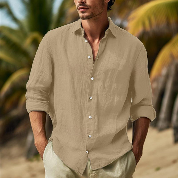 Men's Relaxed Long-Sleeve Casual Shirt with Point Collar – Khaki
