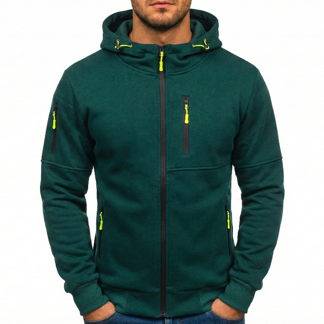 Men's Cotton Blend Zip-Up Hoodie with Contrast Zip Pockets – Green