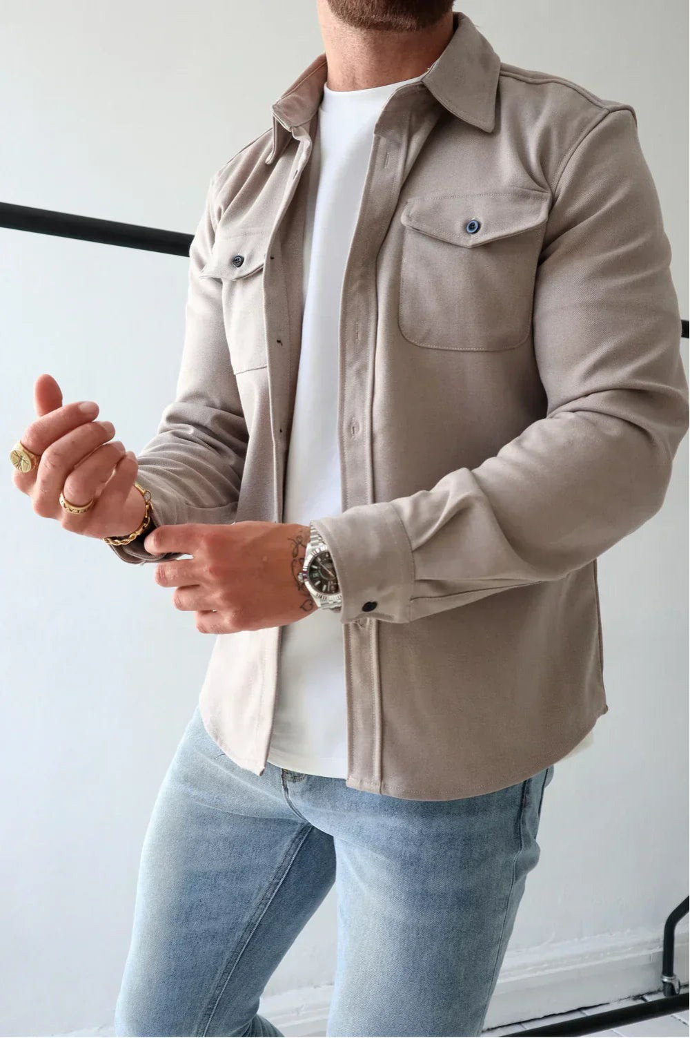 Cyrus Men's Overshirt — Long Sleeve Shirt Jacket – Stone